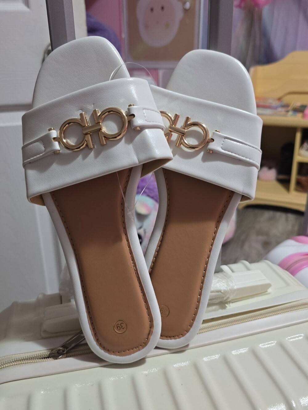Women's White Slide Sandals with Gold Accent